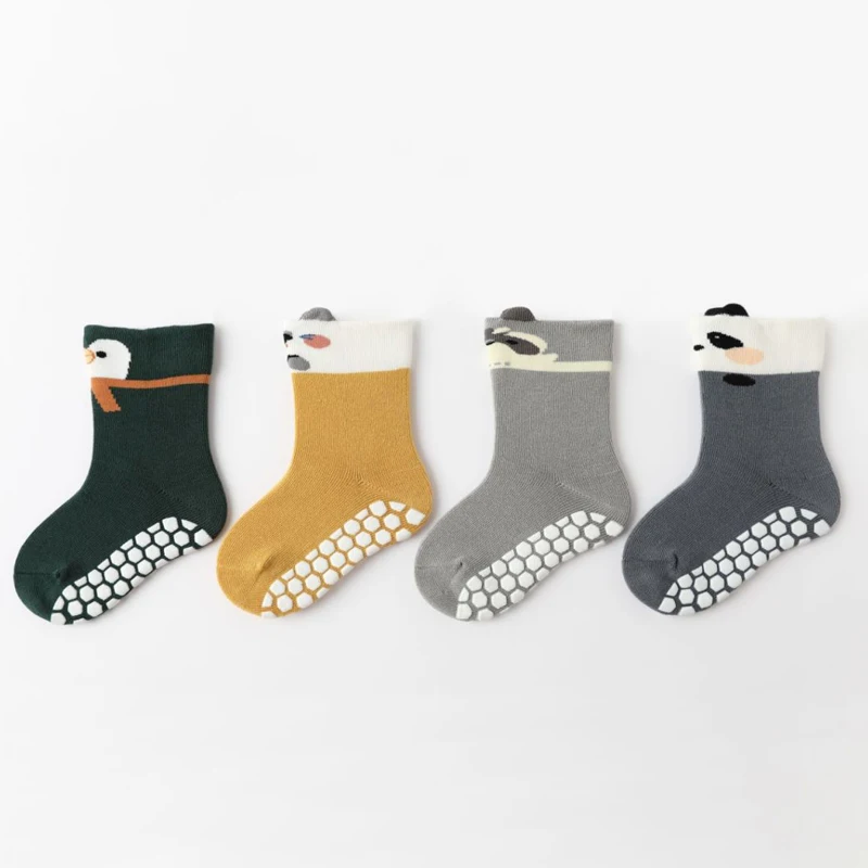 4 Pairs Baby Toddler Cartoon Anti-Slip Dot Floor Socks Panda Pattern Mid-Calf Walking Socks for Boys And Girls
