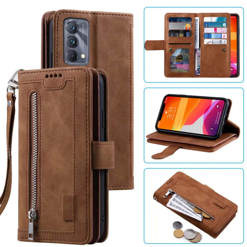 

9 Cards Wallet Case for Realme GT Master Phone Case Card Slot Zipper Flip Folio with Wrist Strap Realme Q3 Pro Carnival Cover