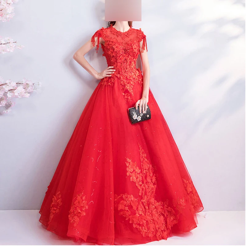 

GUXQD Red Elegant Women Evening Dresses Appliques Flowers Prom Party Gowns Formal Occasion Vestido De Noche Abendkleider