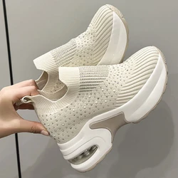 Women's Rhinestone Wedges Shoes Breathable Mesh Thick Bottom Sneakers Round Head Solid Colour Loafers Zapatos Para Mujer