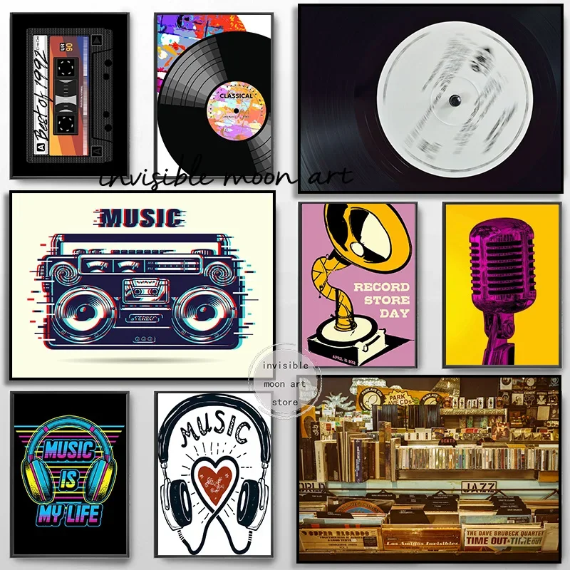 Vintage Music Headphones Music Cassette Sound Box Art Poster Canvas Painting Wall Print Picture for Music Studio Room Home Decor