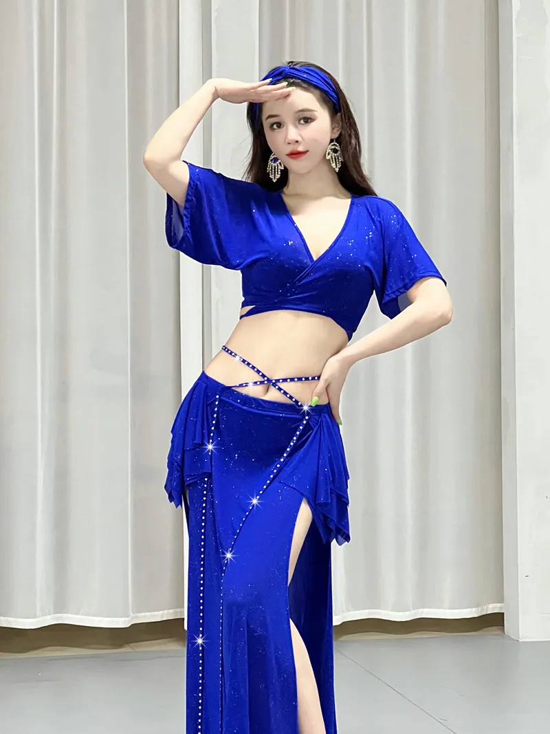 Costumes de spectacle de danse du ventre pour femmes, haut + jupe, vêtements de danse sur scène, vêtements d'entraînement
