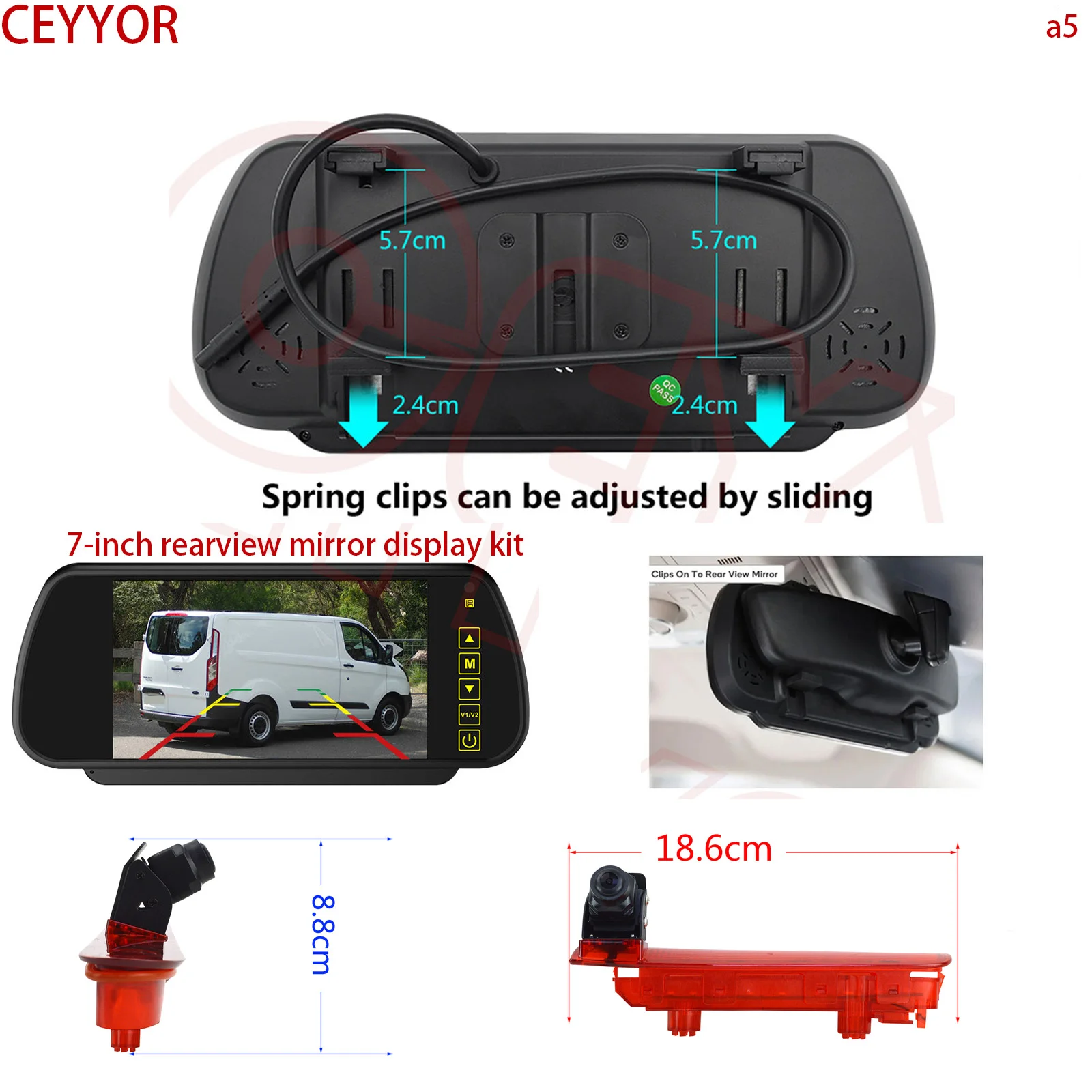 CEYYOR-Applicable to VW Transporter T5 T6 Van2010 - 2019High-position brake light reversing camera 7-inch display monitoring kit