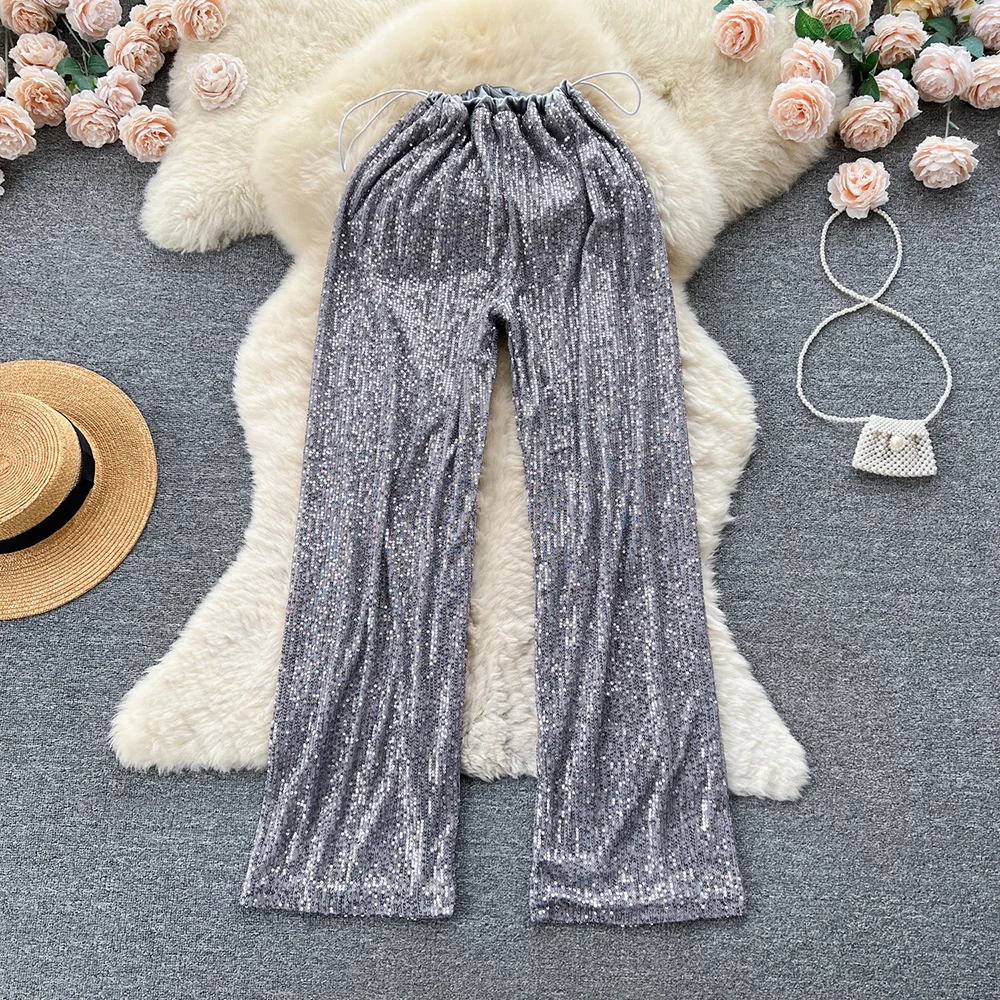 Croysier Pants For Women 2023 Fashion Clothes Streetwear Solid Sequin Pants Drawstring Elastic High Waist Wide Leg Trousers