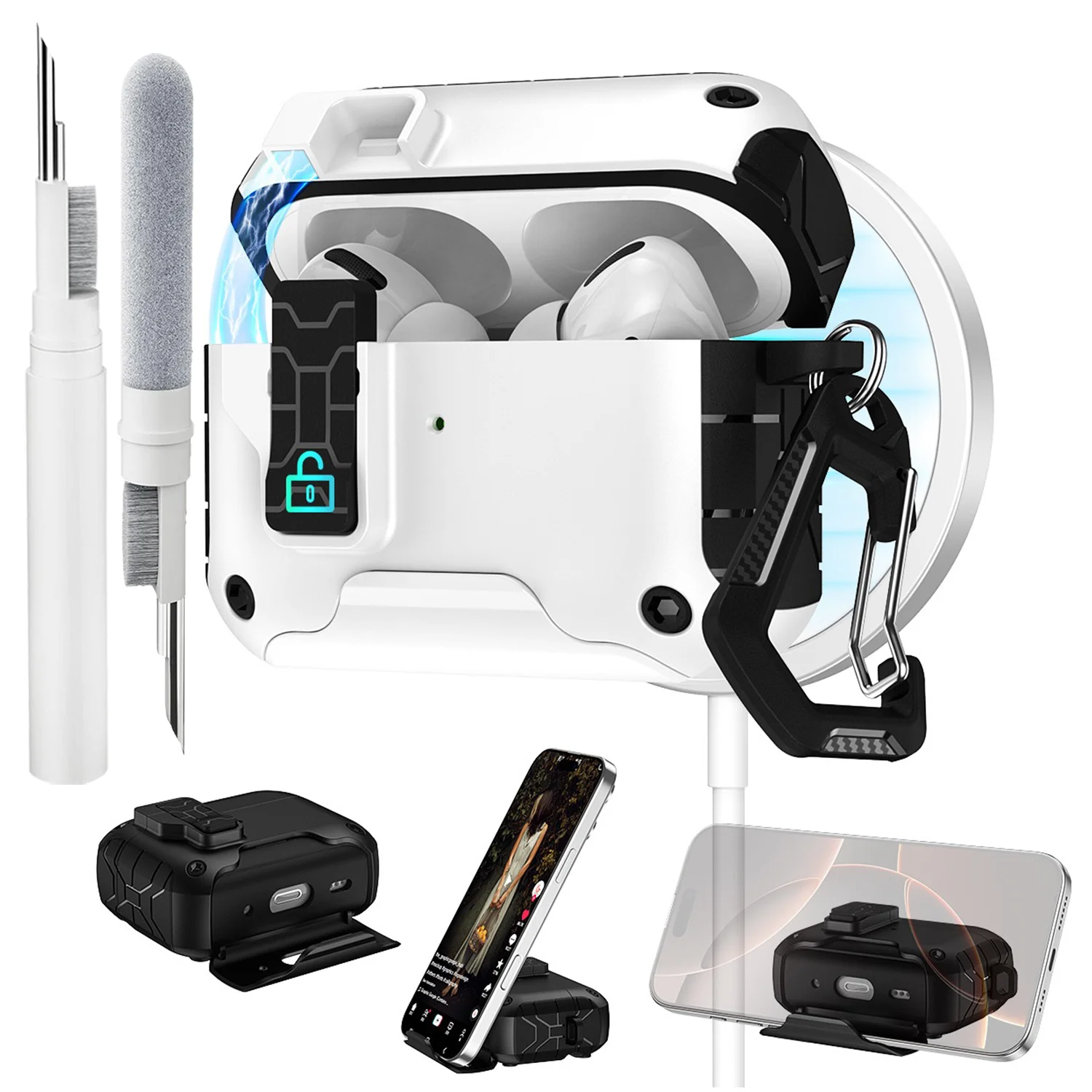 

Secure Lock Clip Earphone Case with Keychain and Cleaning Kit for AirPods Pro 1 2 AirPods 4th Gen 2024 Case With Phone Holder