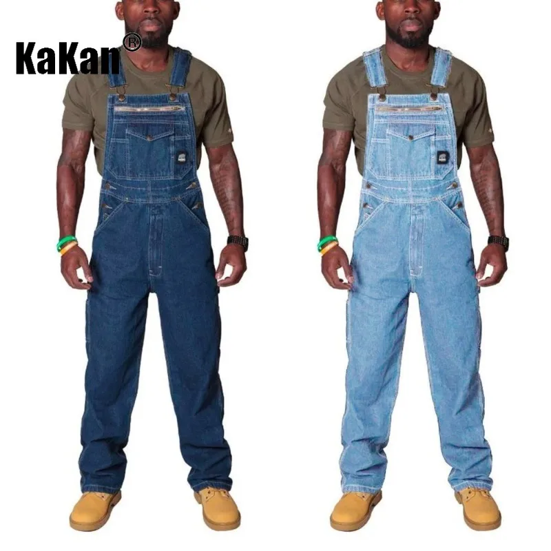 Kakan - New European and American Men\'s Shoulder Strap Jeans Men\'s Clothing, Blue Multi Pocket Torn Jumpsuit Long Jeans K34-722