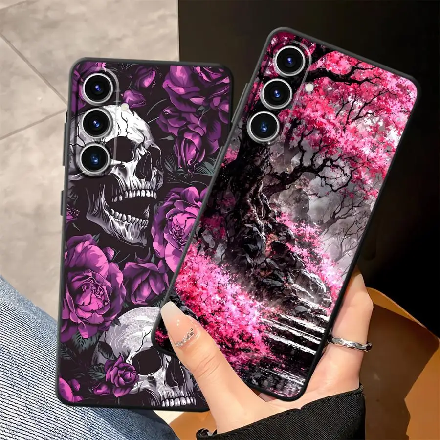 Schädel und Lila Rosen Kunst Handyhülle für Samsung Galaxy A36 A25 A16 A23 A37 A52 A73 A51 A05 A57 A15 A53 A17 A55 A06 A41