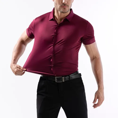 Imagen 2 del producto Camisas clásicas de verano para hombres, manga corta, informales, elásticas, fáciles de cuidar, sin arrugas, suaves, formales, de negocios, sociales, blancas, talla EE. UU. UE