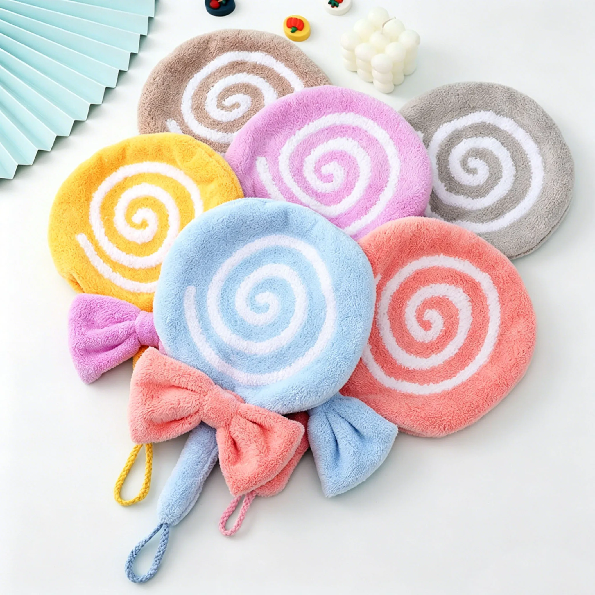 Lollipop Hand Towels for Kids - Cute Kitchen Washcloths & Dish Cloths with Hanging Ring, Soft Absorbent Hanging Hand Towels for