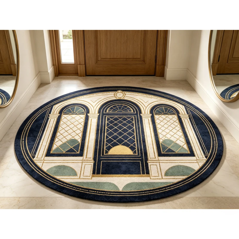 Classic Baroque Architecture Pattern Round Rug Retro Palace Arch Motif Decorative Floor Mat for Hallway Indoor Home Ornament