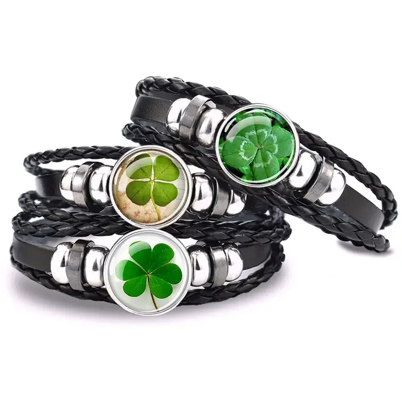 Lucky Clover Glas-Druckknopf-Charm-Armband, verstellbare Lederarmbänder, Schmuck