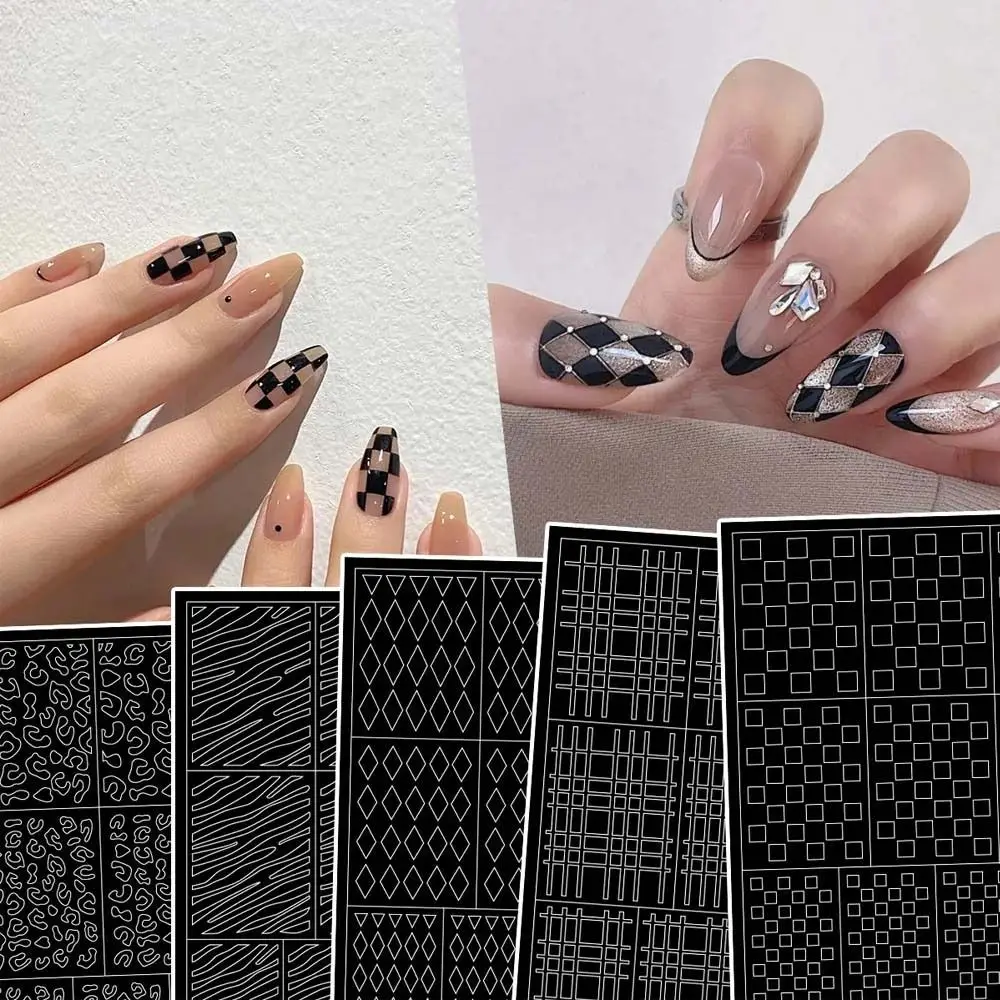 Nail Art Decorations Hollow Spray Nail Stickers Checkerboard Plaid Manicure Accessories Template Nail Decals Hollow Grid Pattern