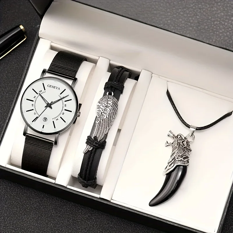 ساعة كوارتز للأعمال بسوار شبكي للرجال ، أجنحة بحبل يدوي ، قلادة بدلاية لأسنان الذئب ، الموضة ، 3 أو لكل مجموعة