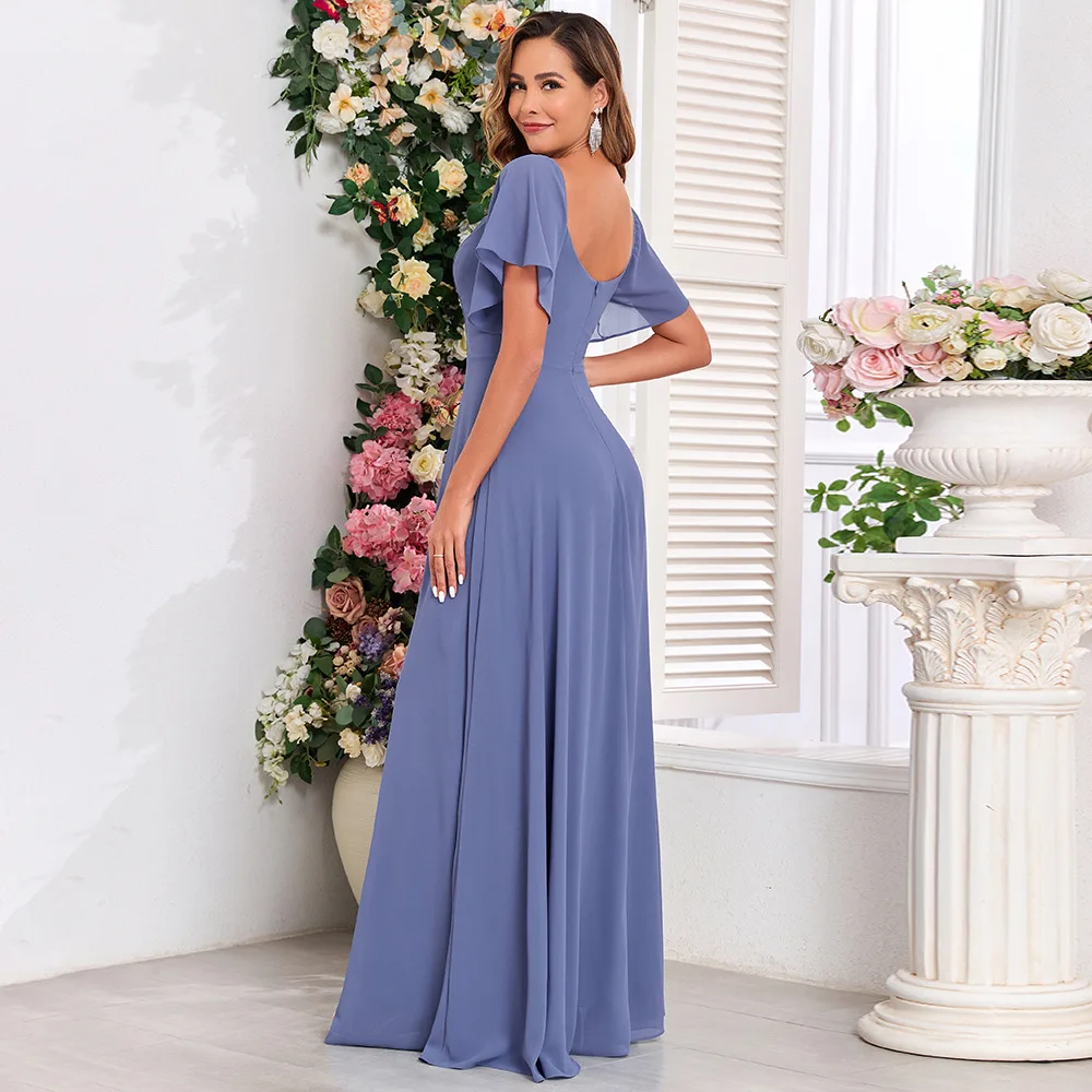 ブルーシフォンロングドレスブライドメイド用ウェディングパーティーゲストパーティードレスフロアレングスAラインドレス