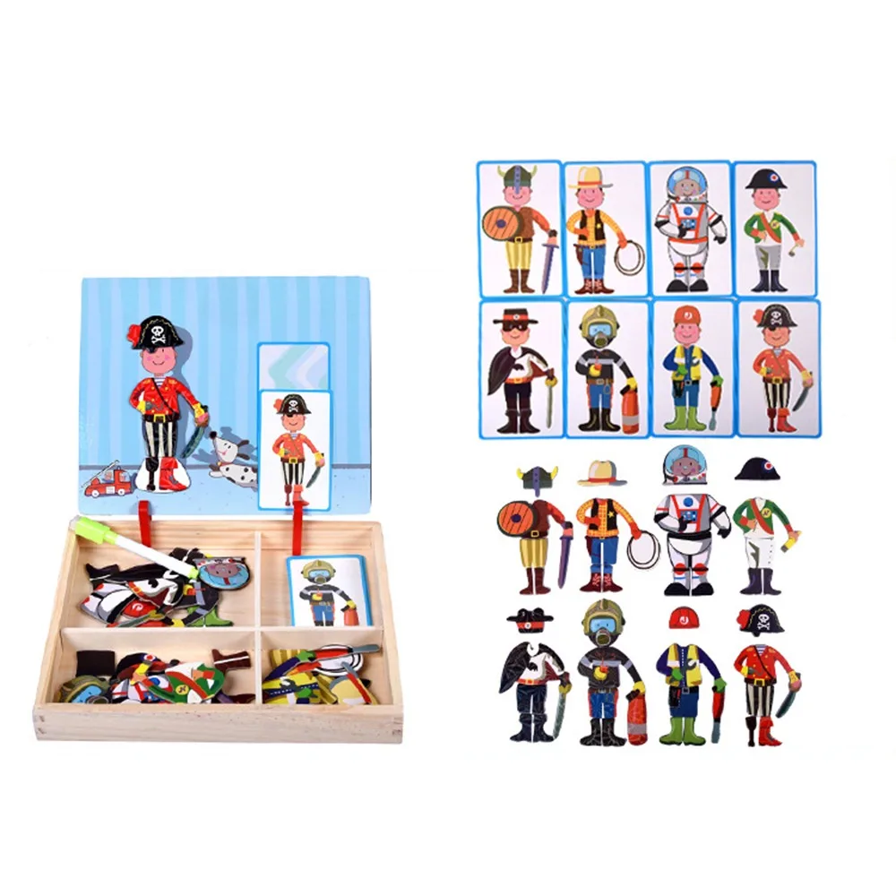 

Деревянные магнитные 3D-пазлы многоразового использования с крышкой, магнитными наклейками и 2 держателями, развивающие деревянные пазлы, магнитная книга, игры Монтессори