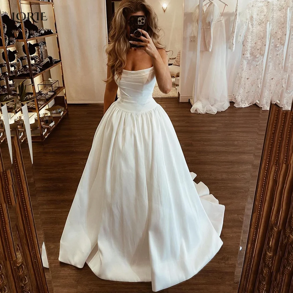 

LORIE Pleats Ball Wedding Dresses Off Shoulder Satin A-Line Bride Gowns Simple Pricess Tiered Ruched Bridal Dress Custom Size