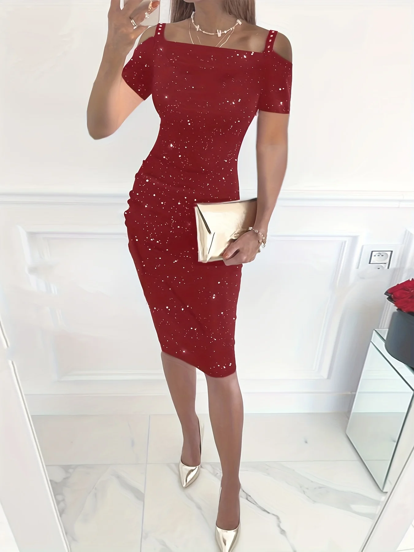 2024 nuevo estilo de primavera y verano brillante fuera del hombro Sexy vestido Halter con incrustaciones de diamantes mujer