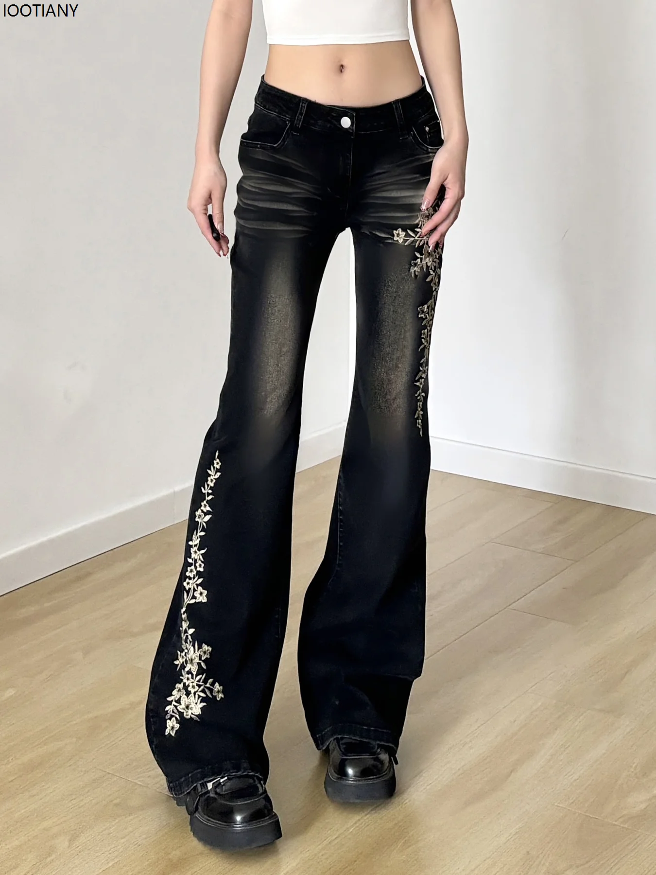 American Retro High Street Floral Embroidery Ruffle Jeans For Women Low Waist High Elastic Wide Leg Floor-length Flared Trousers