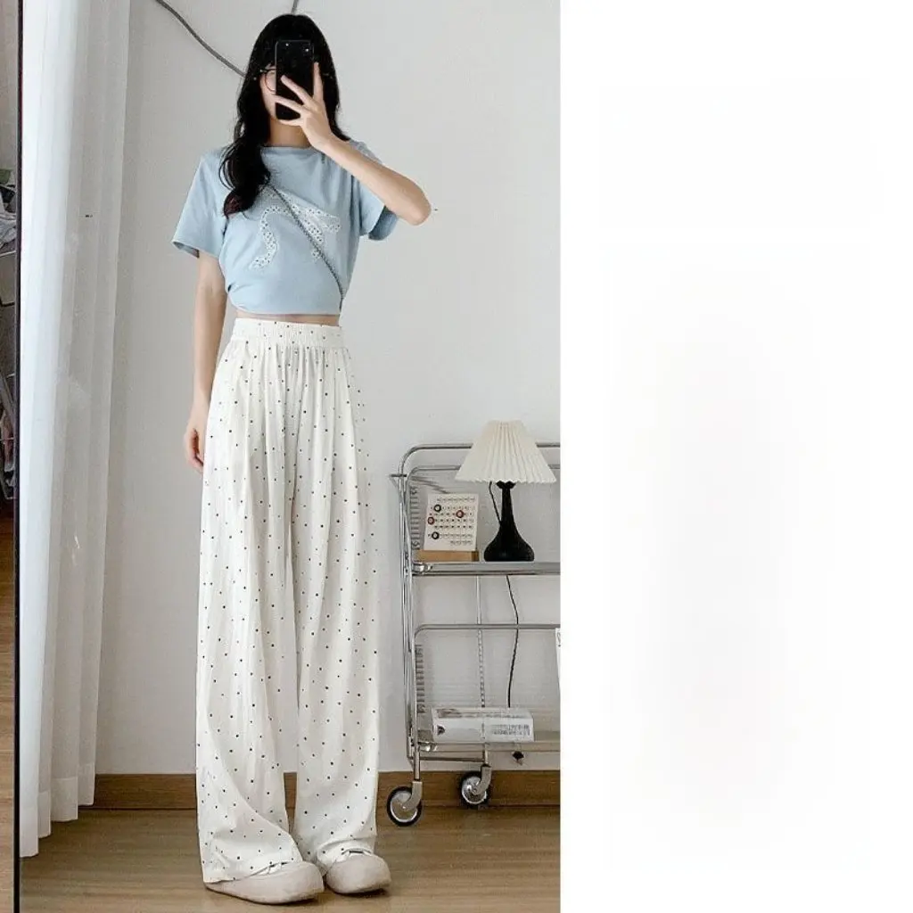 여성용 한국식 폴카 도트 야마모토 팬츠 하이웨이스트 스트레이트 와이드 레그 캐주얼 여름 얇은 아이스 실크 루즈핏 화이트