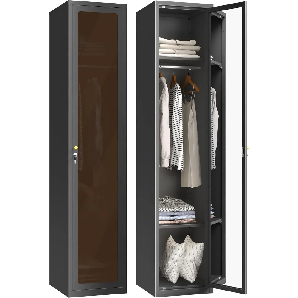 

Locker Organizer for Employees with Lock, Amber Glass Door Cabinet with Mirror, Lockable Lifetime Locker for Home, Office