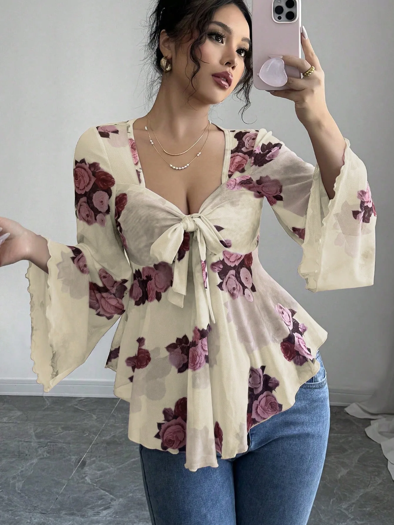 Casual Loose Print Clothes Elegant Chiffon Splicing Blouse Women Tops Summer Lace-up Square Collar Long Sleeve Shirt New Blusas