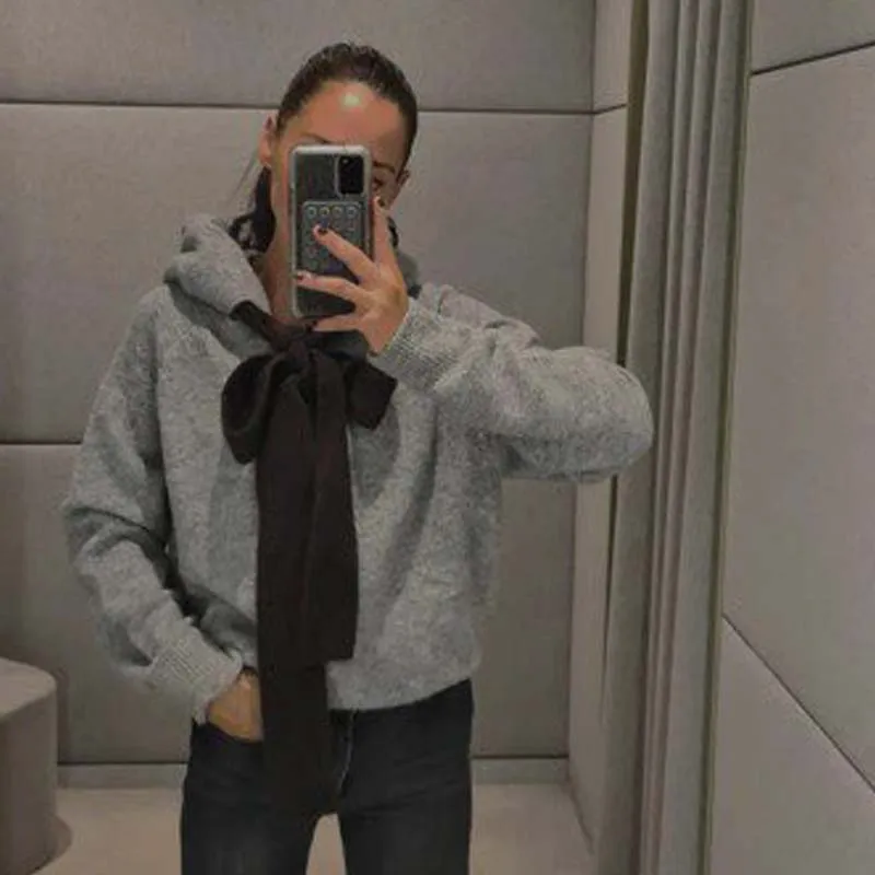 YENKYE Contrasting Bow Gray Knit Hooded Sweatshirt For Women Front Button Long Sleeve Autumn Winter Casual Outerwear