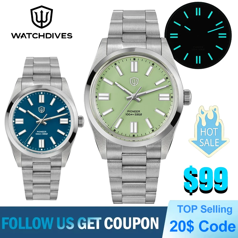 Watchdives WD1016 V3 Vintage Watch VH31 Sweep Movemet Stainless Steel Sapphire Luxury Watch 100m Waterproof BGW9 Men's Watch