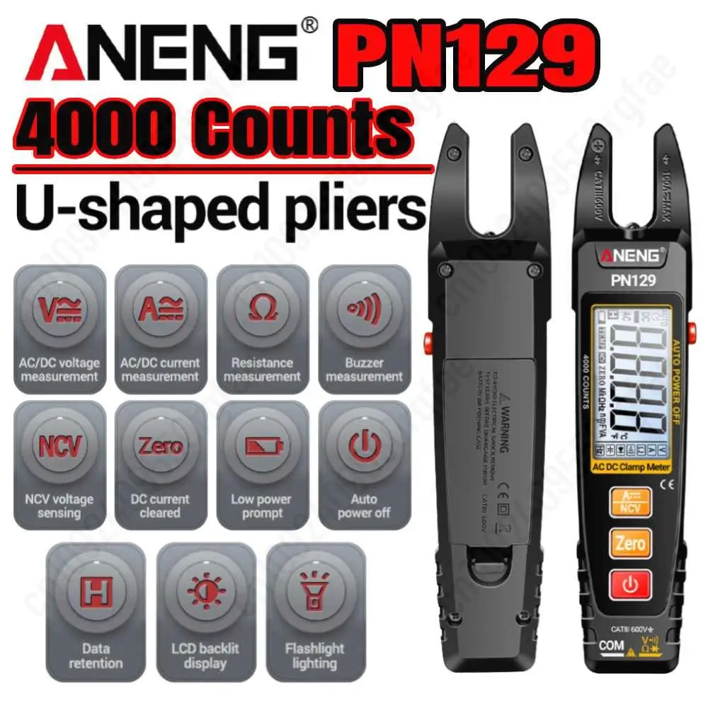 ANENG PN129 Smart Multimeter Professional Clamp Meter U-shaped 4000 Counts NCV AC/DC 600V Voltage Current Resistance Tester