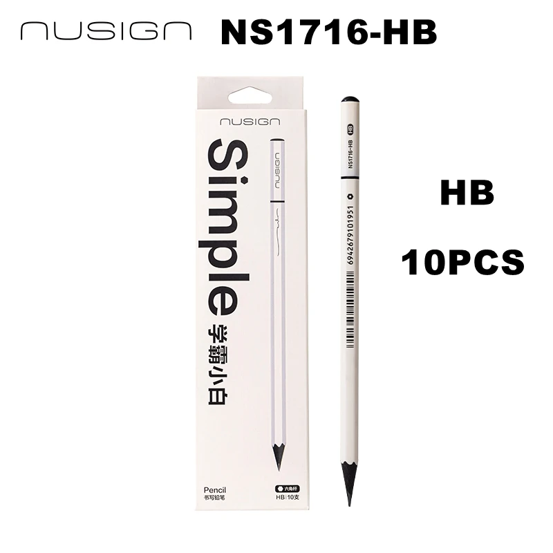 10 stuks Deli Nusign NS1716-HB/2B witte potloodhouten potloden met zwarte potloodhouder, zeshoekig, loodvrij, voor school en kantoor, HB/2B.