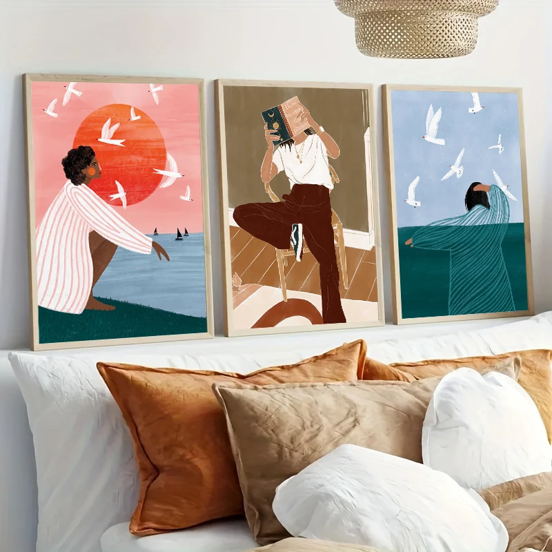 Minimalist Lines Smallest Portrait Illustration Art Posters for Living Room Home Decor Red & Pink Striped Women Canvas