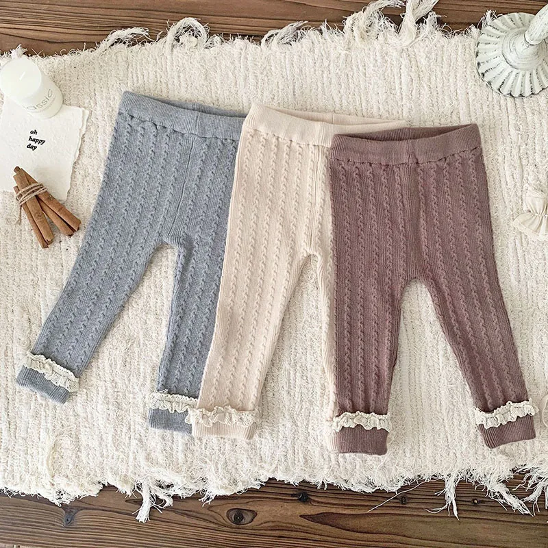 2024 New Autumn Korean Style Toddler Baby Girl Knitted Lace Splicing Trousers Newborn Baby Girls Knitting Pants Children Clothes