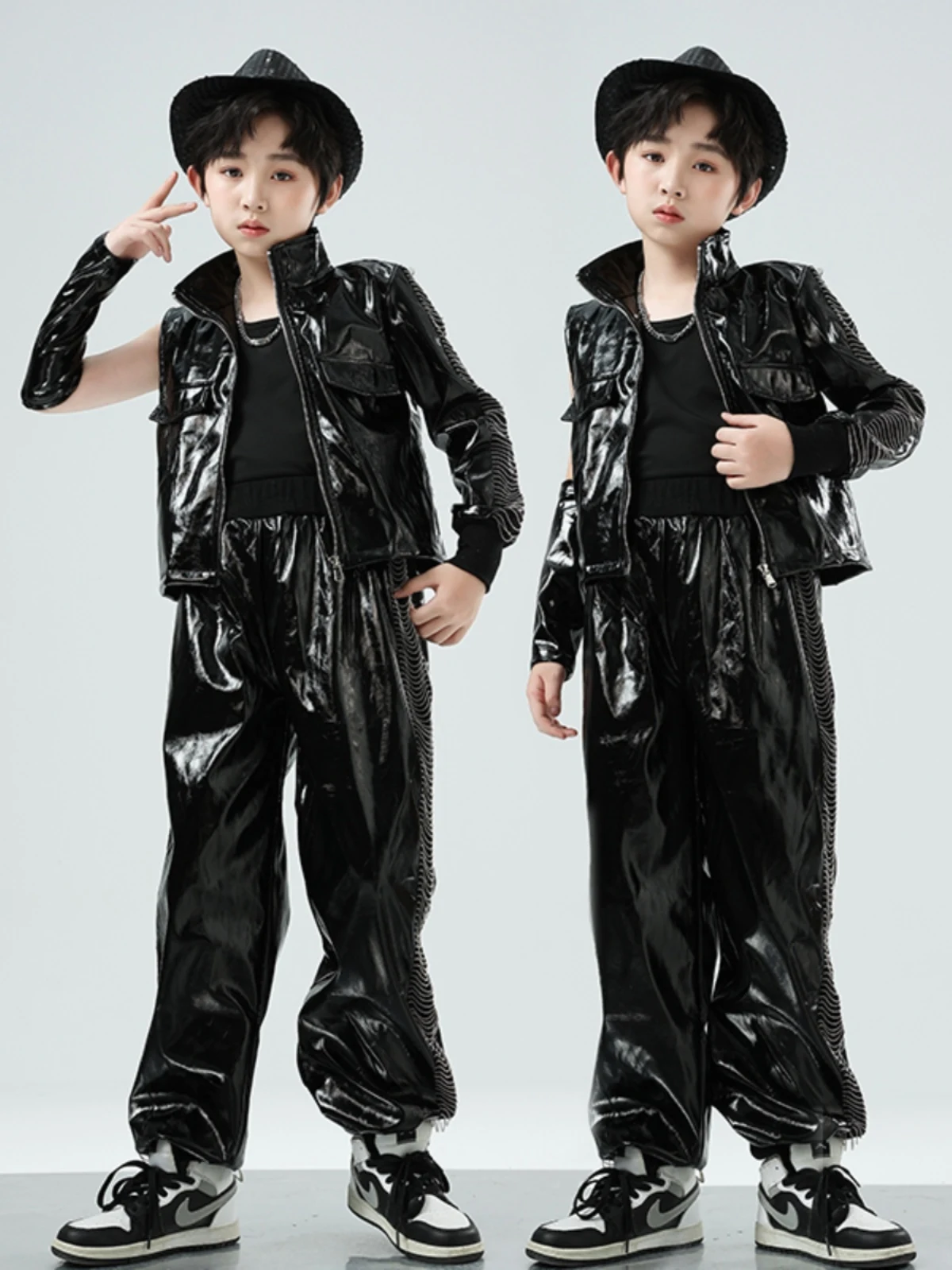 

Boys Jazz Costume Black Leather Tops Pants Suit Catwalk Drum Show Clothing Hip Hop Dance Performance Clothes Stage Wear BL13674