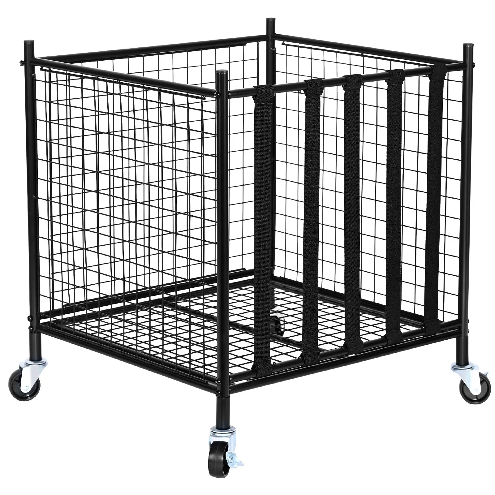 Rolling Sports Ball Storage Cart, Lockable Basketball Cage with Elastic Straps, Sport Equipment Holder Organizer for Indoor Outdoor, Steel Storage Rack for Garages, Playgroup, Gym and Schools