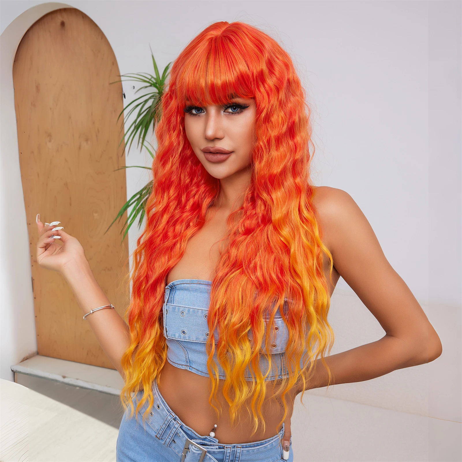 Franja de laranja ondulada longa para mulheres pretas e brancas, cabelo sintético, fibra resistente ao calor, perucas de festa cosplay