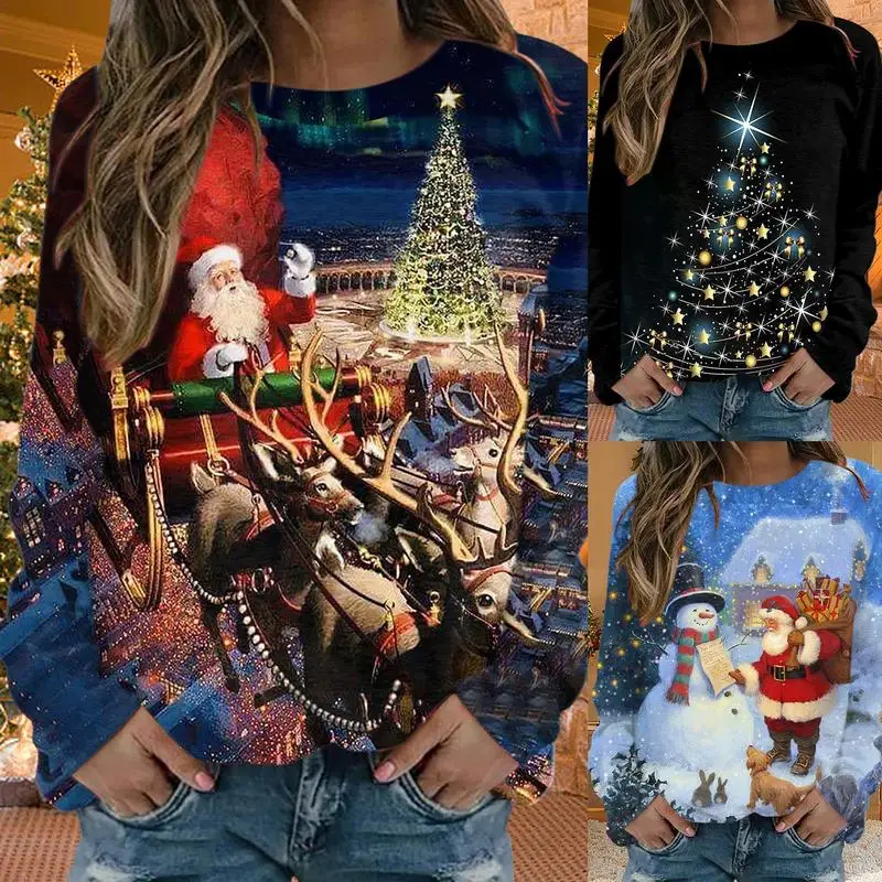 Womens Christmas Sweatshirt Pullover Casual Loose Long Sleeve Tops Funny Snowman Graphic Sweatshirt Comfortable Holiday T-Shirt