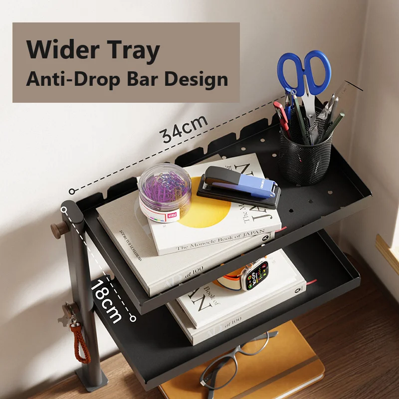 2-Tier Clamp On Desk Shelf No Drill Desktop Storage Rack Home Office Stationery Book Organizer Space Saving Small Display Stand