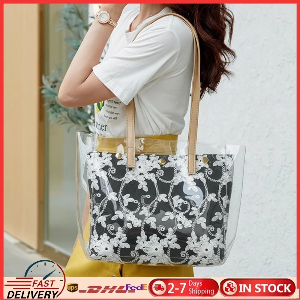

Ins Style Fashion Lace for Women's Bag Sweet and Transparent Chic Large Capacity Handbag PVC Transparent Tote
