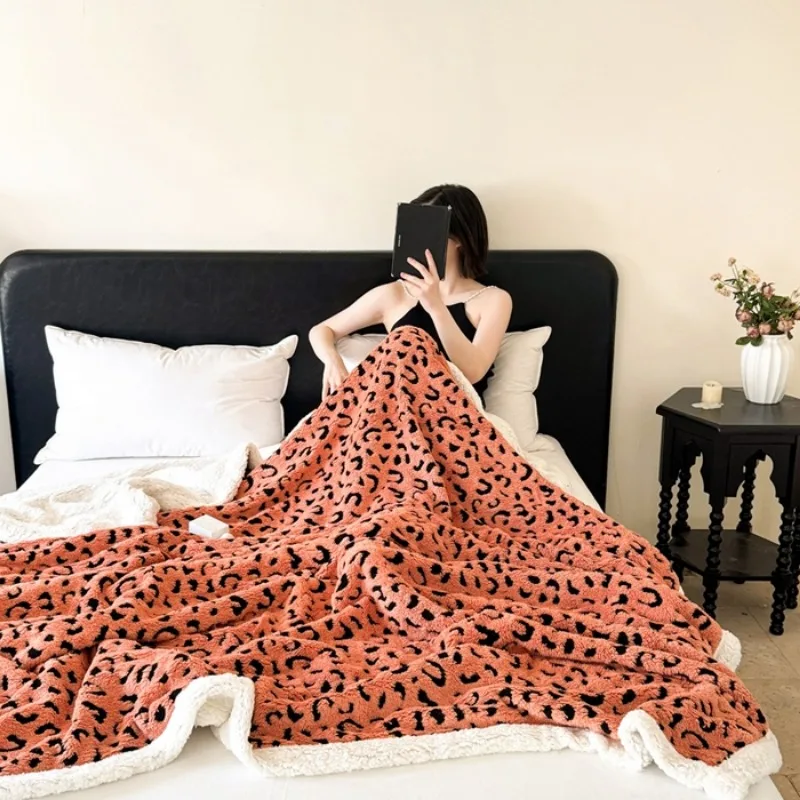 2025 new Nordic style leopard print blanket double layer autumn and winter thickened lamb wool blanket sofa blanket