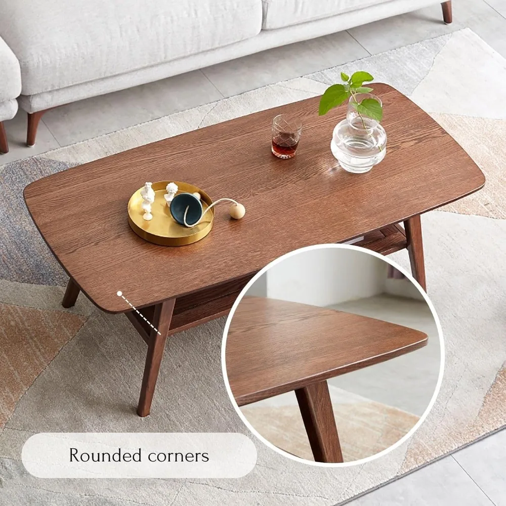 Coffee Table 100% Solid Oak Wood for Living Room, Small Tables with Shelf Storage, Modern Coffee Table with Rounded Corners