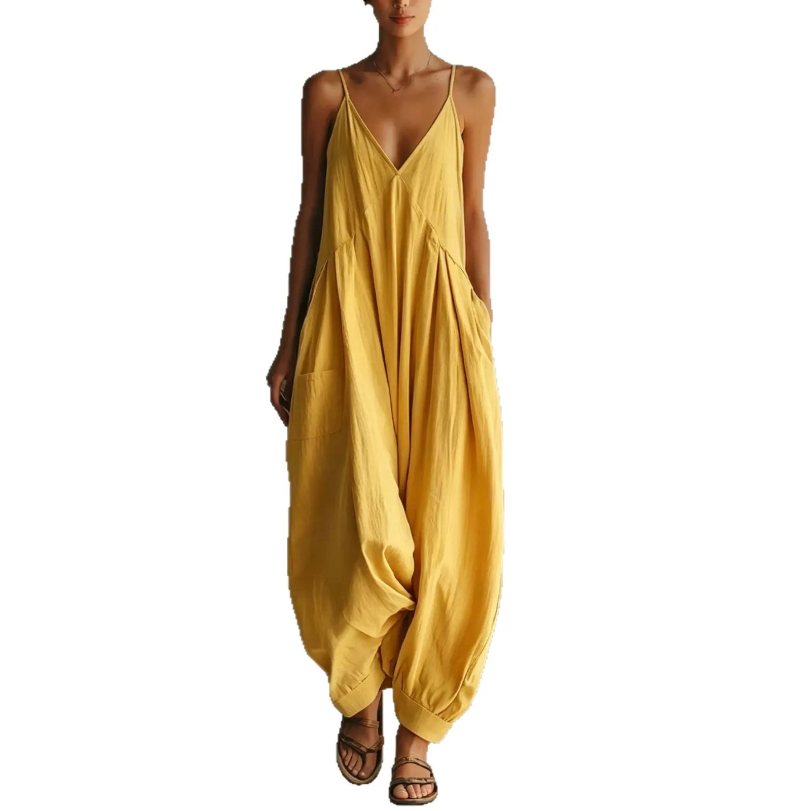 Trendy Summer Women’s Pink Spaghetti Strap Jumpsuit V-Neck Loose Harem Pants Romper with Pockets for Everyday Streetwear Outfits