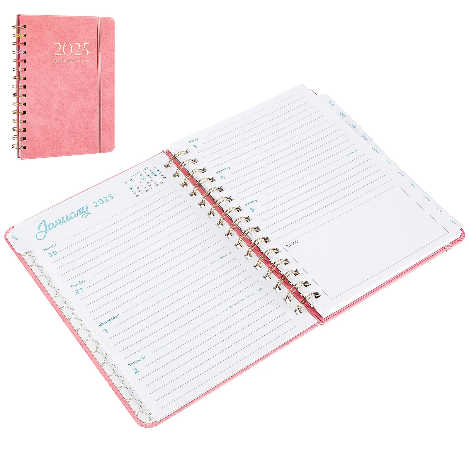 Planer miesięczny na rok 2025 z gładkiego papieru, oprawa spiralna, przenośny rozmiar, solidny planer na rok 2025, planer.