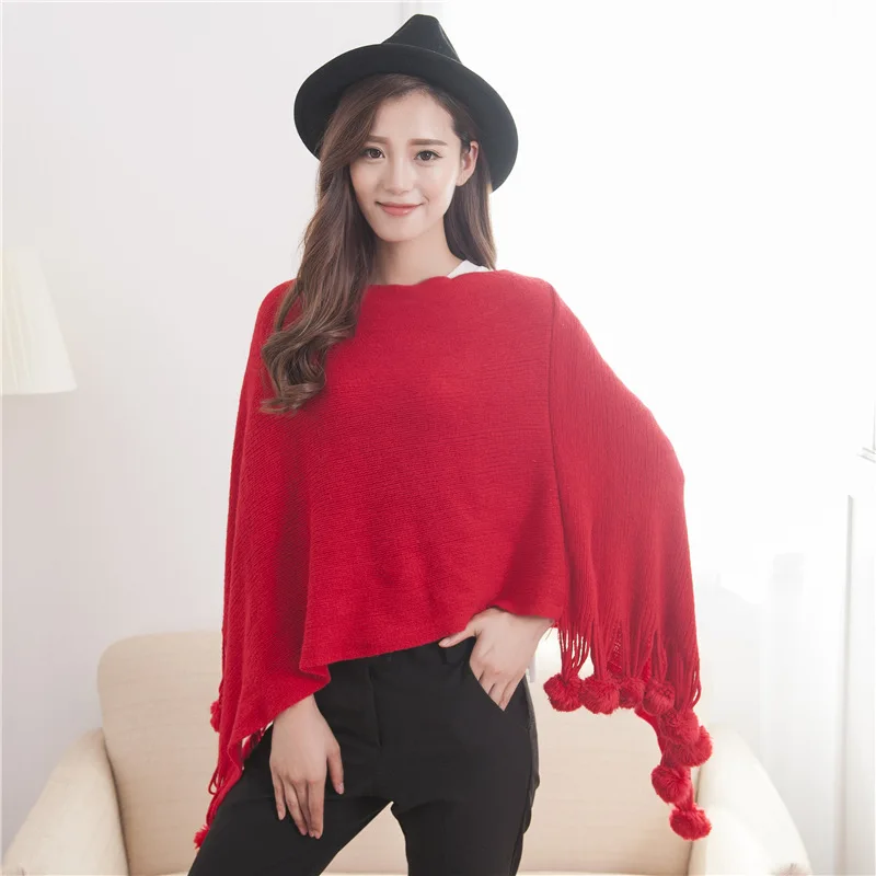 

Korean Version Of Spring Autumn Women Shawl Hanging Ball Solid Color Knitted Hanging Ball Cloak Lady Coat Leisure Red
