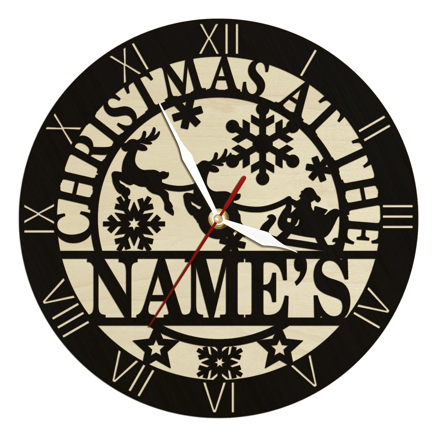 

Персонализированные рождественские вывески с именем, деревянные настенные часы, сани Санта-Клауса с оленями, семейные рождественские настенные часы, деревянные часы в деревенском стиле