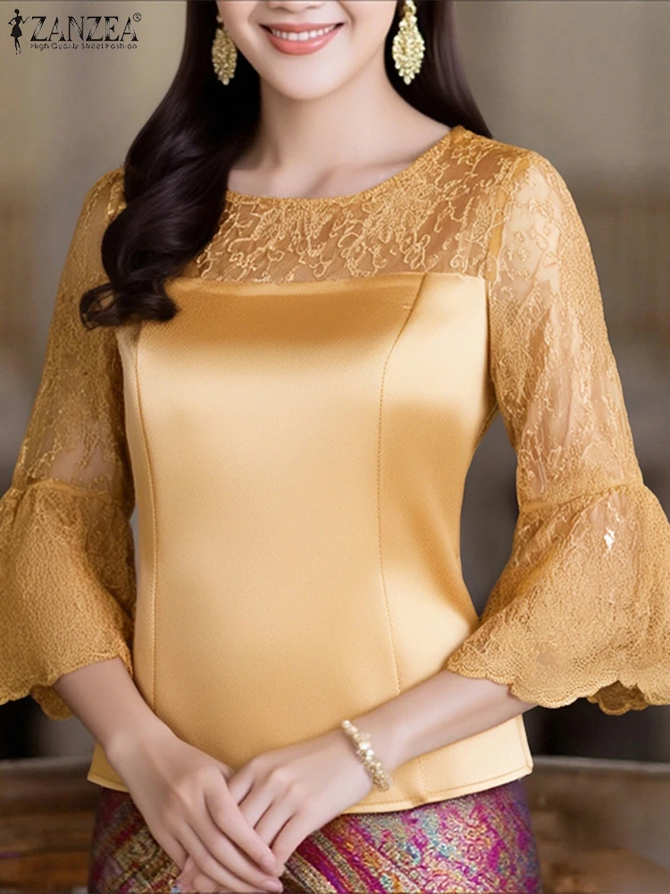 

Elegant Women Blouses 2025 ZANZEA Autumn Lace Patchwork Shirt Stylish Long Flare Sleeve Tops Satin Slim Fit Work Blusas Femme