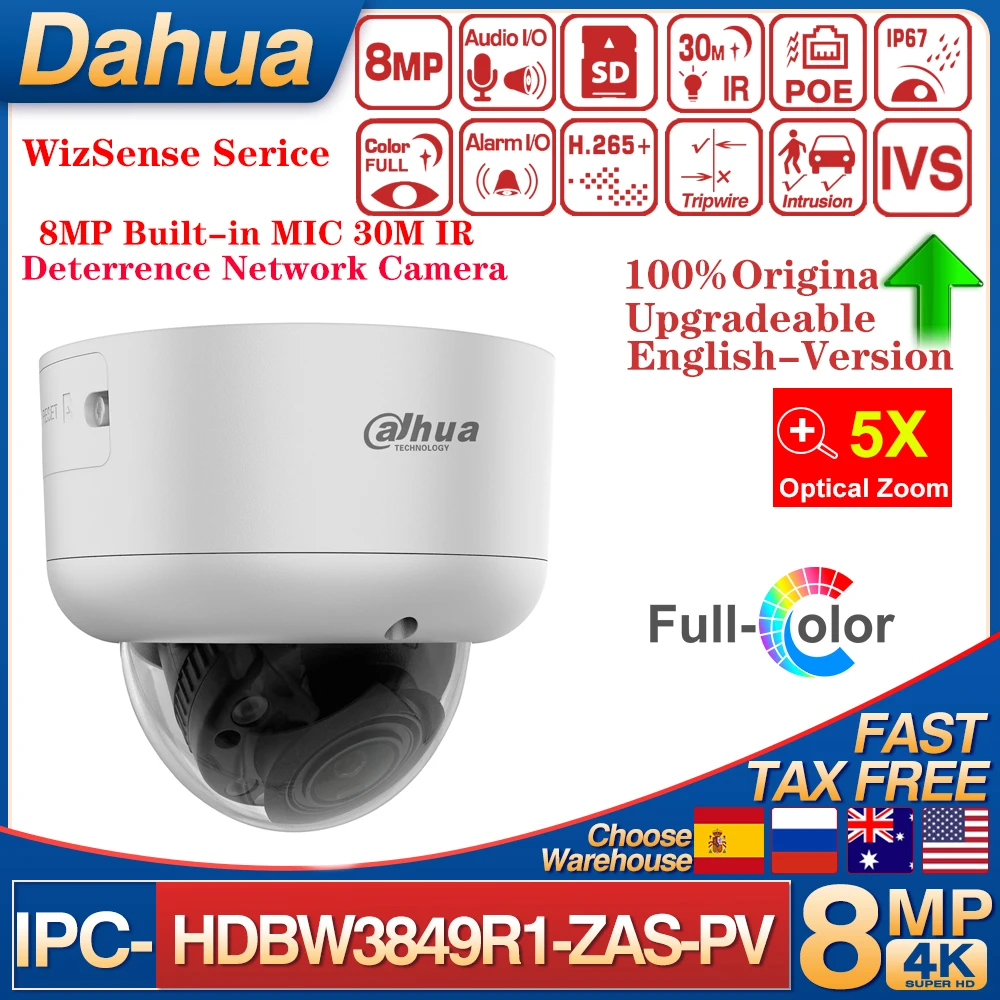 Dahua 8MP  IP Camera IPC-HDBW3849R1-ZAS-PV S5 Series POE Dual Light Active Deterrence WizSense 5X Zoom Dome Built in MIC AcuPick