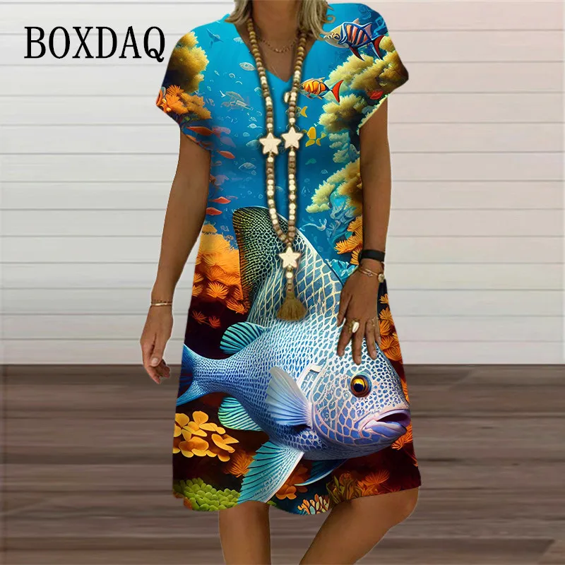 New Women Ocean Life Sea 3D Fish Print Dresses For 2023 Summer Beach Style Loose Short Sleeve Dress Casual V-Neck Woman Clothes