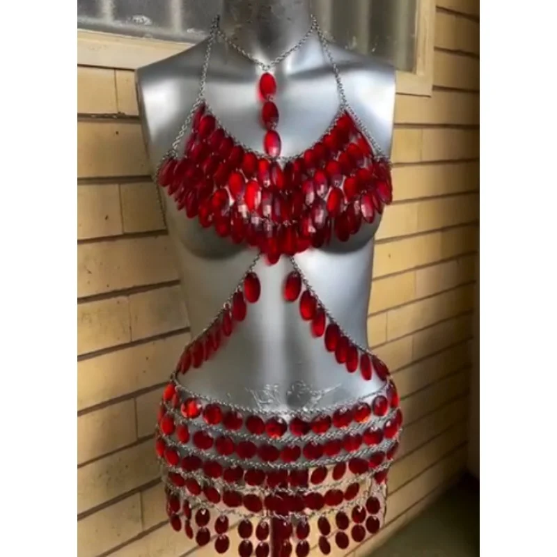 Rotes Kristall-Körperketten-Set für Damen, Strass-Quasten-Neckholder-Top und Rock, 2-teiliges Outfit, Nachtclub-Party-Bauchtanz-Kostüm, Dropshipping – Detail 4