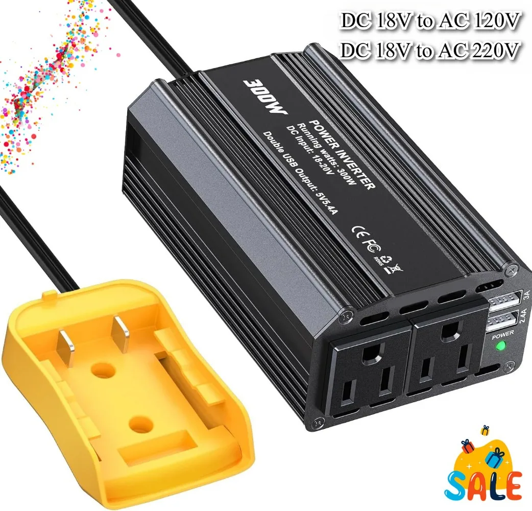 

Инвертор мощности 300 Вт от 20 В постоянного тока до 220 В переменного тока 120 В для Dewalt 20 В, аккумуляторный инвертор, портативный генератор электростанции с 2 портами переменного тока, 2 USB