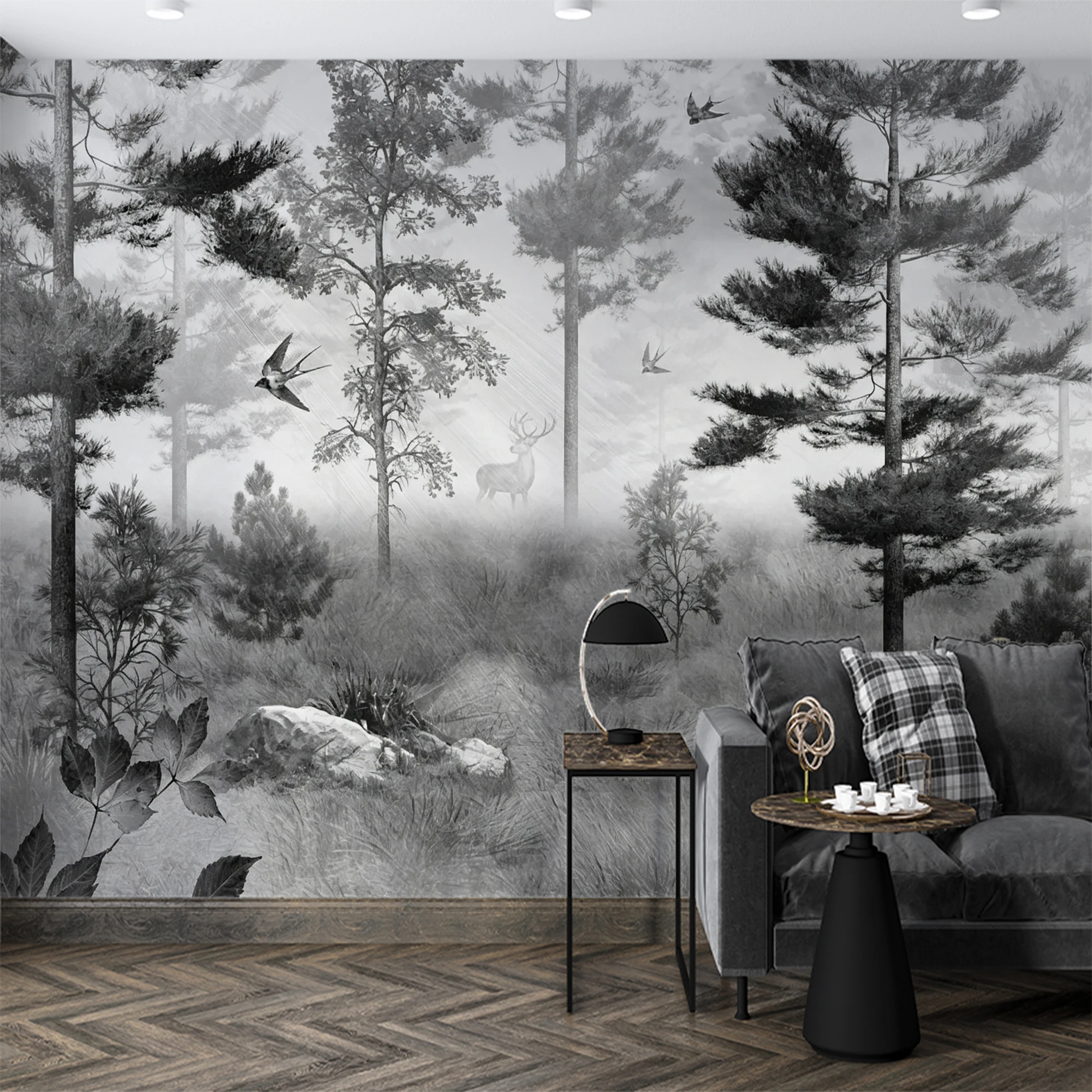 Custom 3D Black White Misty Forest Wall Mural, Pine Tree Deer Bird Wallpaper, Nature Scenery Wall Decor for Living Room Bedroom