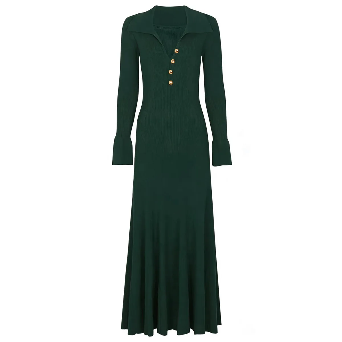 Solid Long Lapel Knitted Dress Flare Sleeve Office Lady A Line Skirts Button Slim Evening Gowns Spring Elelgant Women's Clothing